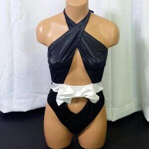 Victoria's Secret Bow Topped High Neck Teddy Tuxedo Strappy Satin